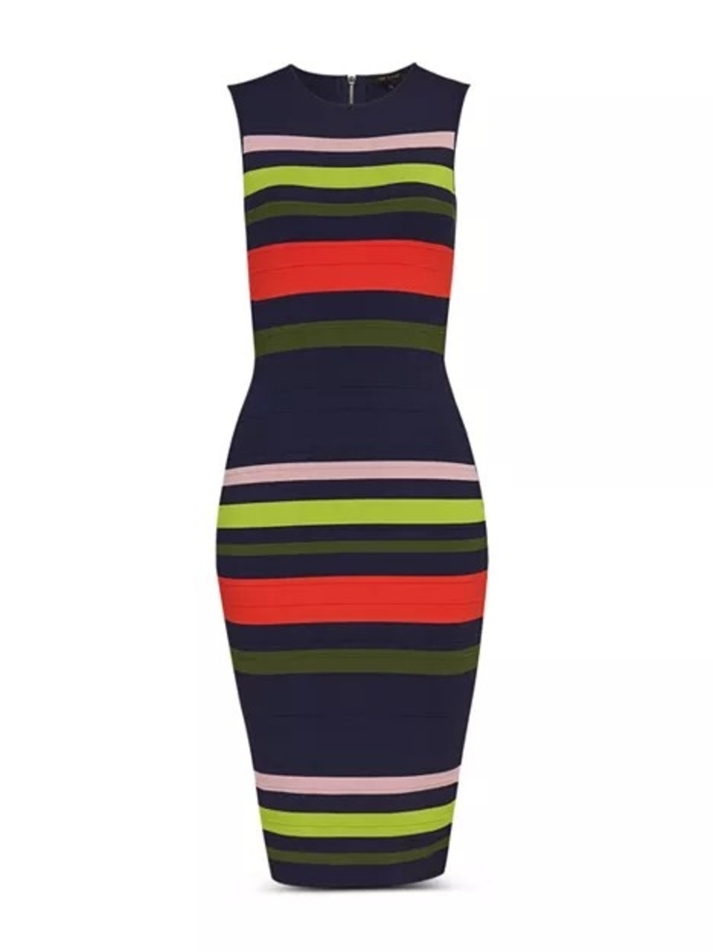 Ted Baker Navy Midi Dress with Red, Lime and Pink Stripes Size 4